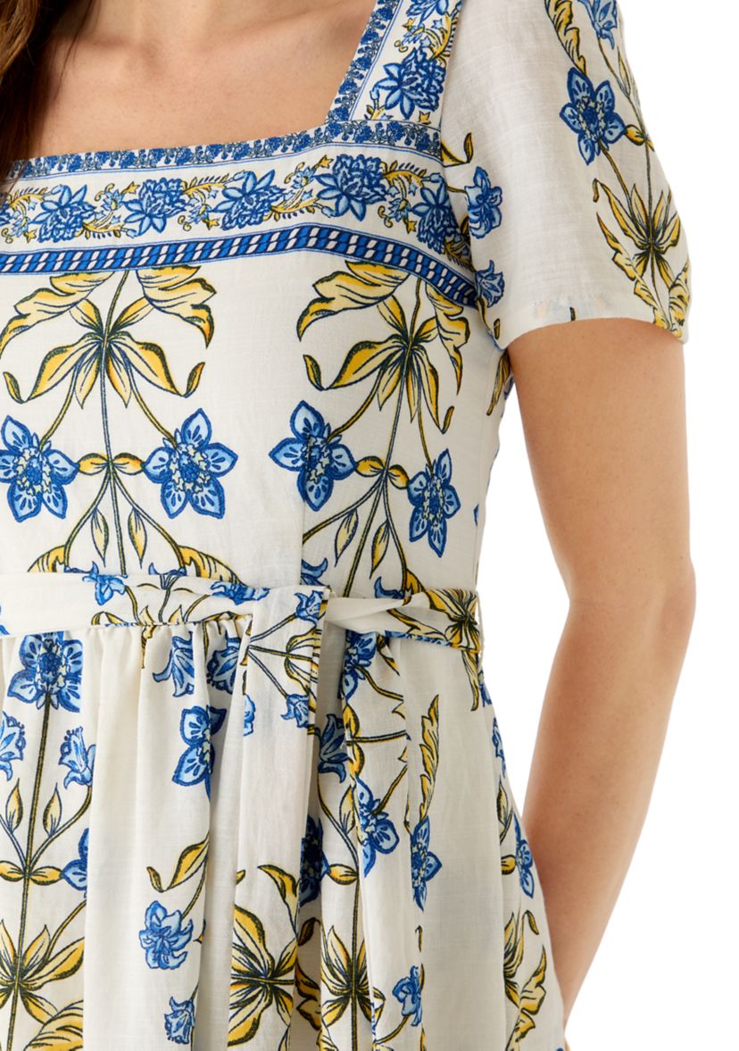Draper James Women's Short Sleeve Square Neck Linen Blend Smocked Dress |  Belk