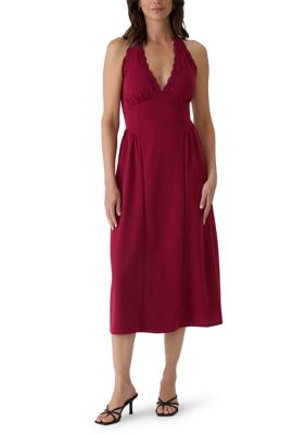 Derek Heart Women's Halter Lace Trim Maxi Dress, Red, XL