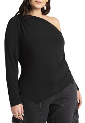 ELOQUII Women's Ruched One Shoulder Tee With Thumbhole Sleeve (Plus Size)
