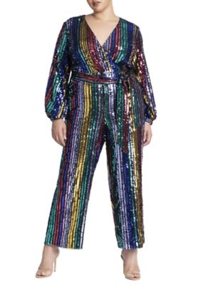 ELOQUII Women's Multicolor Stripe Sequin Jumpsuit, 28W