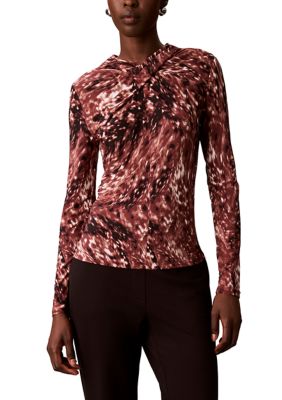 Calvin Klein Women's Petite Long Sleeve Twist Neck Top, Mahogany, PM