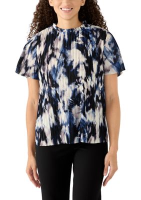 Calvin Klein Women's Petite Ruffle Neck Pleated Top, Blue