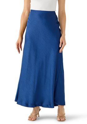 Calvin Klein Women's Petite Double Faced Satin Pull On Bias Flared Maxi Skirt, Blue, PXL