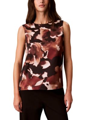 Calvin Klein Women's Petite Satin Sleeveless Shell Top with Neck Piping