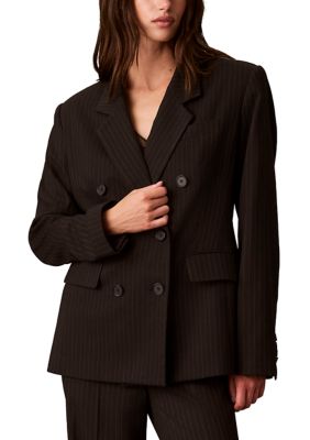 Calvin Klein Women's Petite Pinstripe Double Breasted Notch Collar Jacket