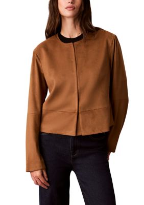 Calvin Klein Women's Petite Soft Vegan Suede Seamed Crewneck Jacket