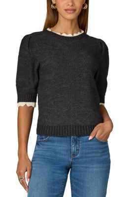 Wit & Wisdom Women's Short Puff Sleeve Round Neck Sweater with Scallop Edge, Medium