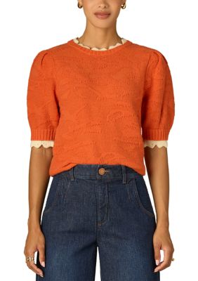 Wit & Wisdom Women's Short Puff Sleeve Round Neck Sweater with Scallop Edge, Medium