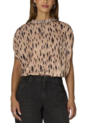 Wit & Wisdom Women's Extended Short Sleeve Smocked Ruffle Neck Printed Velvet Top, XS