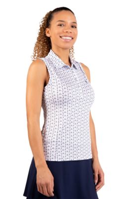 TailorByrd Women's Golf Carts Printed Sleeveless Polo, White, XL