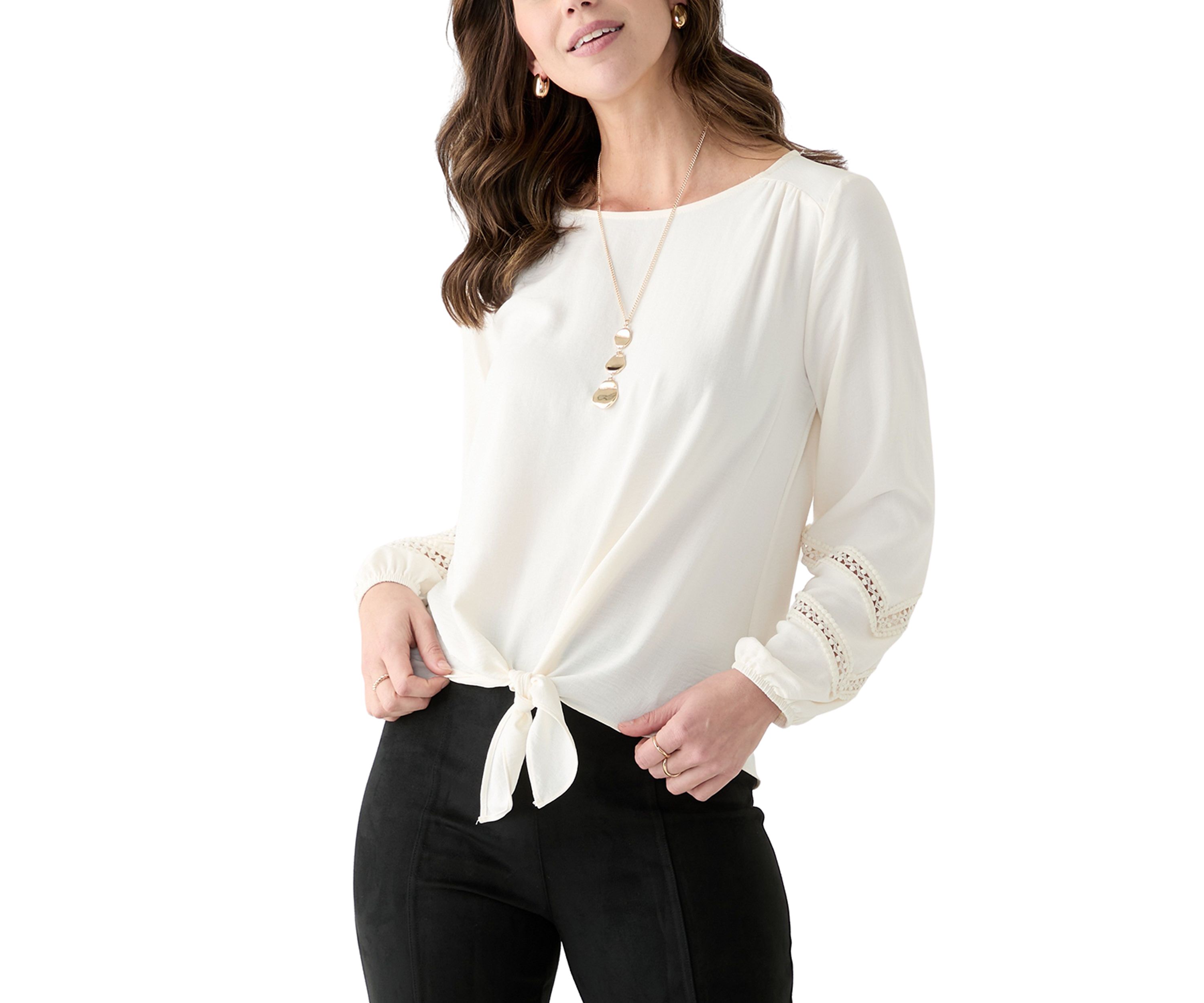 Womens Long Bell Sleeve Crochet Inset Blouse 
