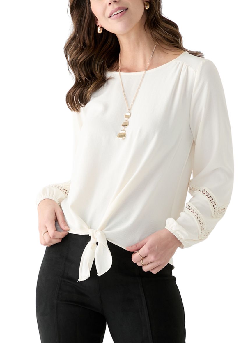 Womens Long Bell Sleeve Crochet Inset Blouse 