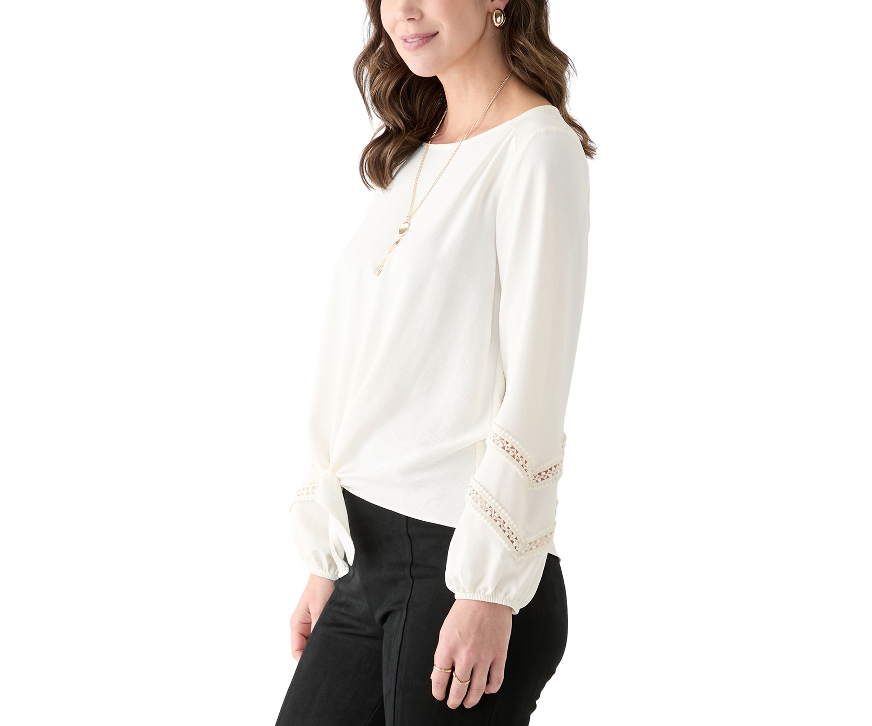 Womens Long Bell Sleeve Crochet Inset Blouse 