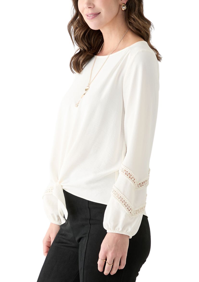 Womens Long Bell Sleeve Crochet Inset Blouse 