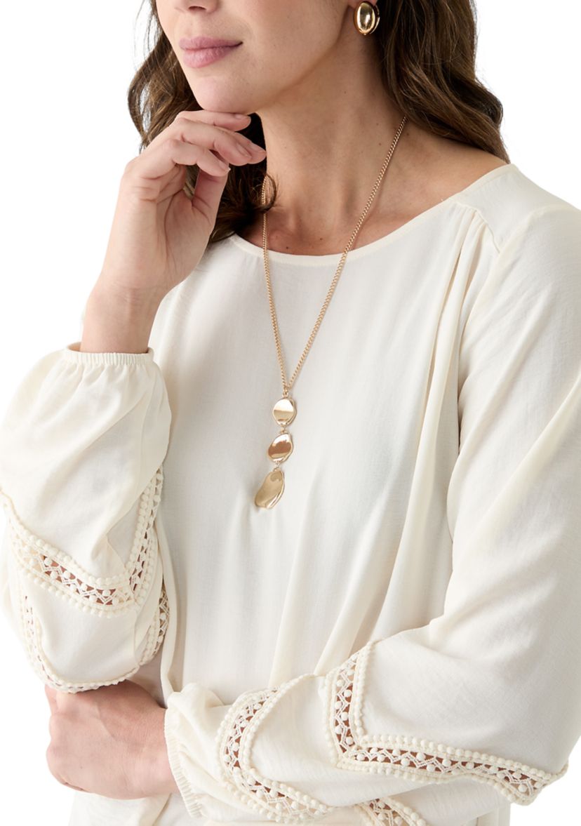 Womens Long Bell Sleeve Crochet Inset Blouse 