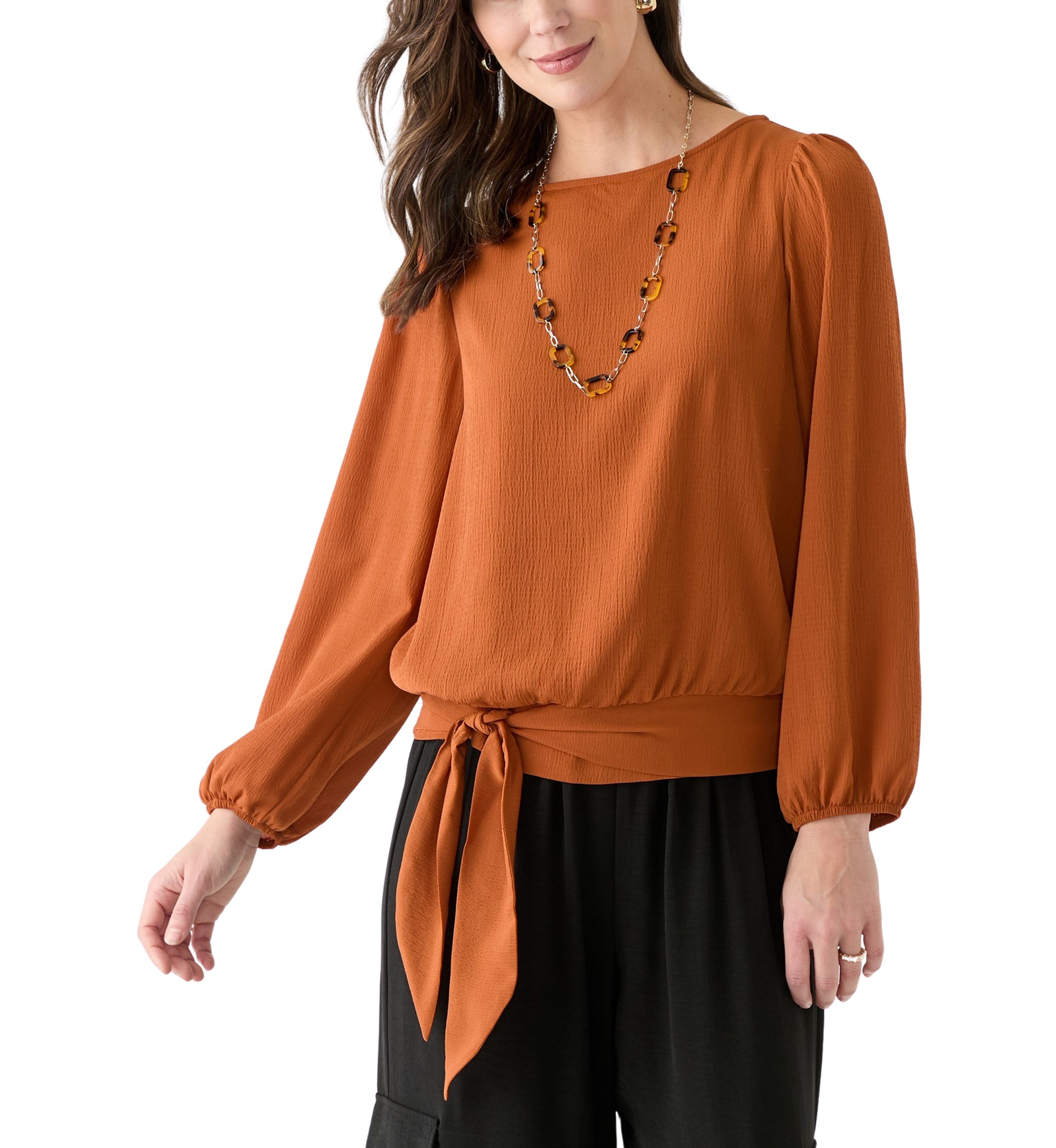 Womens Long Sleeve Banded Tie Hem Blouse