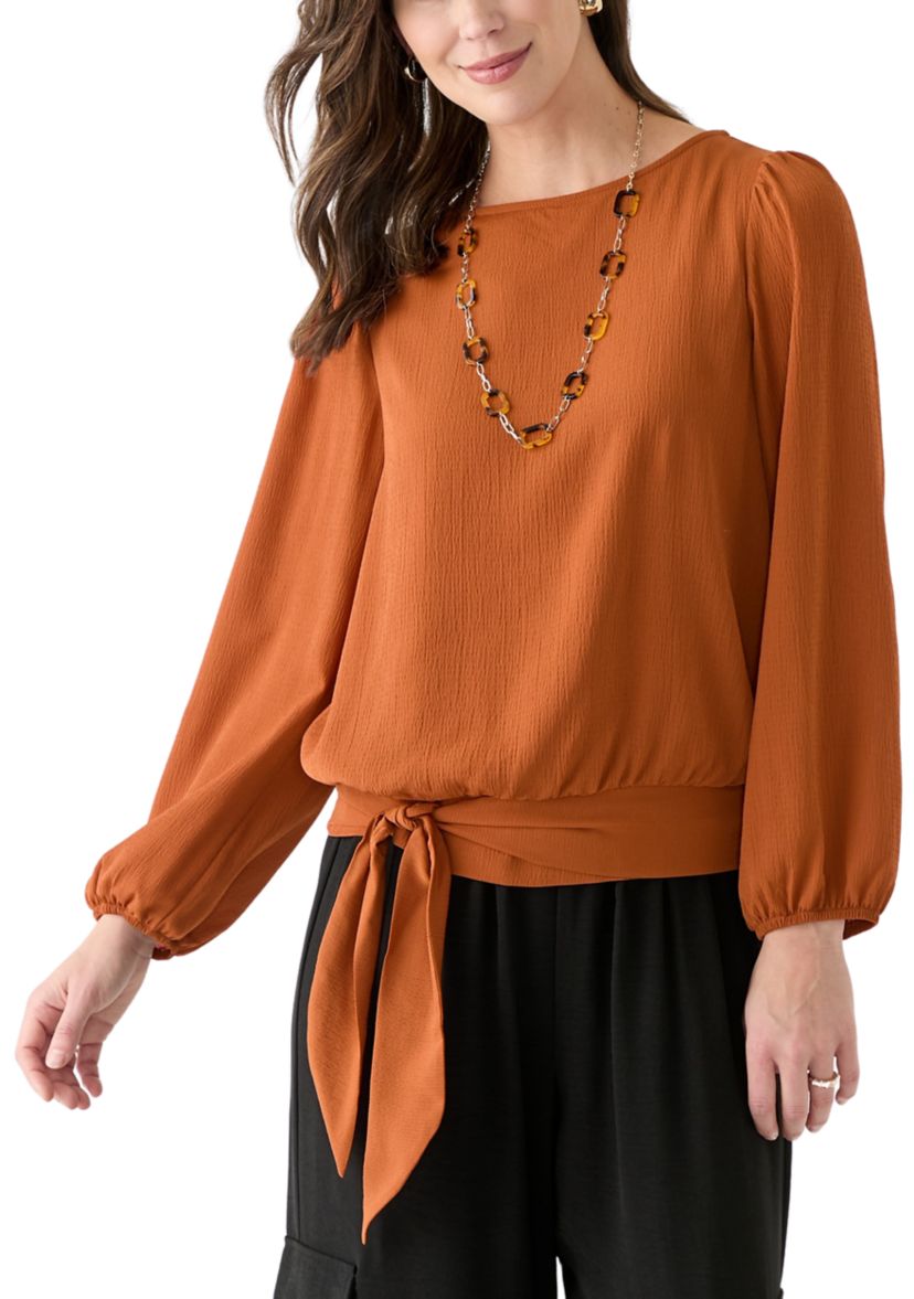Womens Long Sleeve Banded Tie Hem Blouse