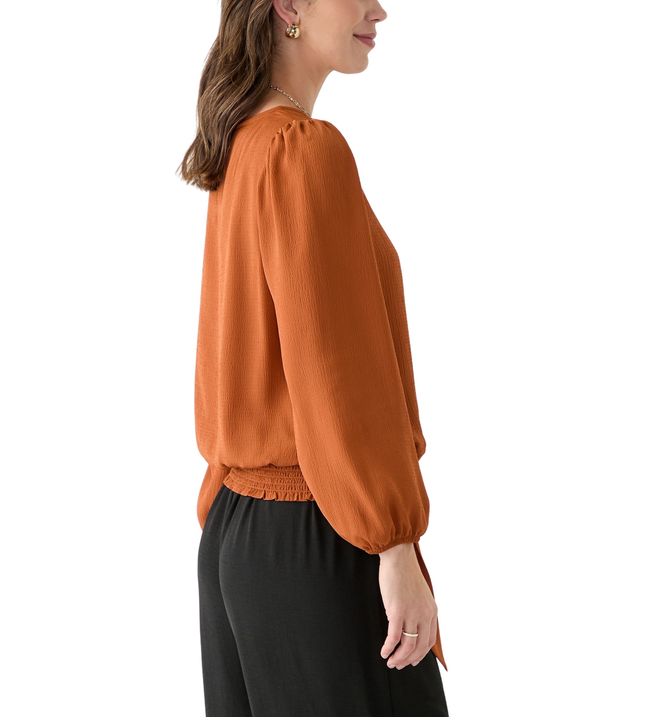 Womens Long Sleeve Banded Tie Hem Blouse