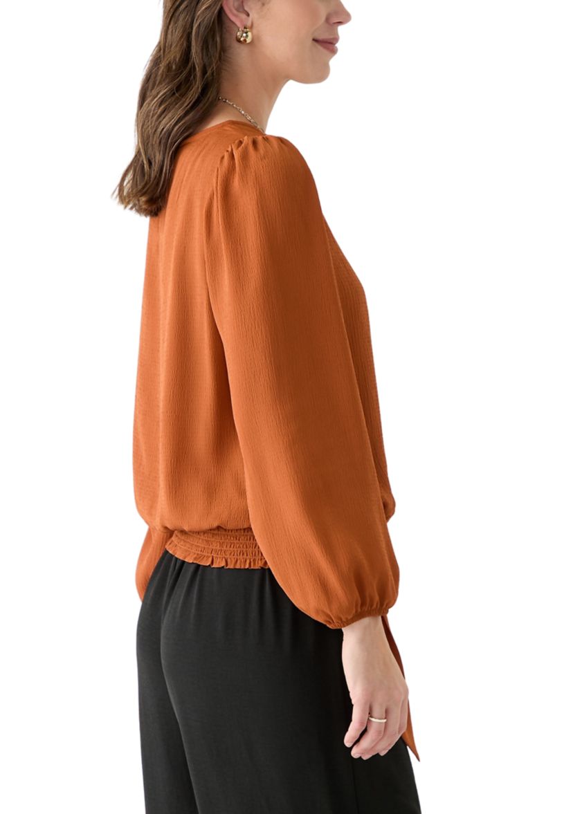 Womens Long Sleeve Banded Tie Hem Blouse