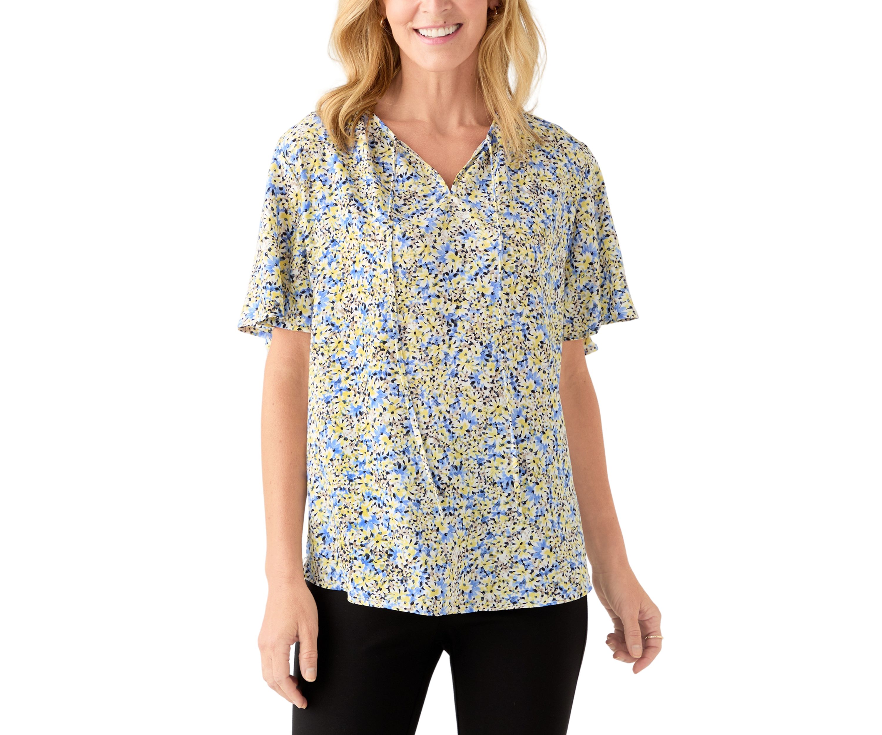 Womens Printed Flutter Sleeve Top