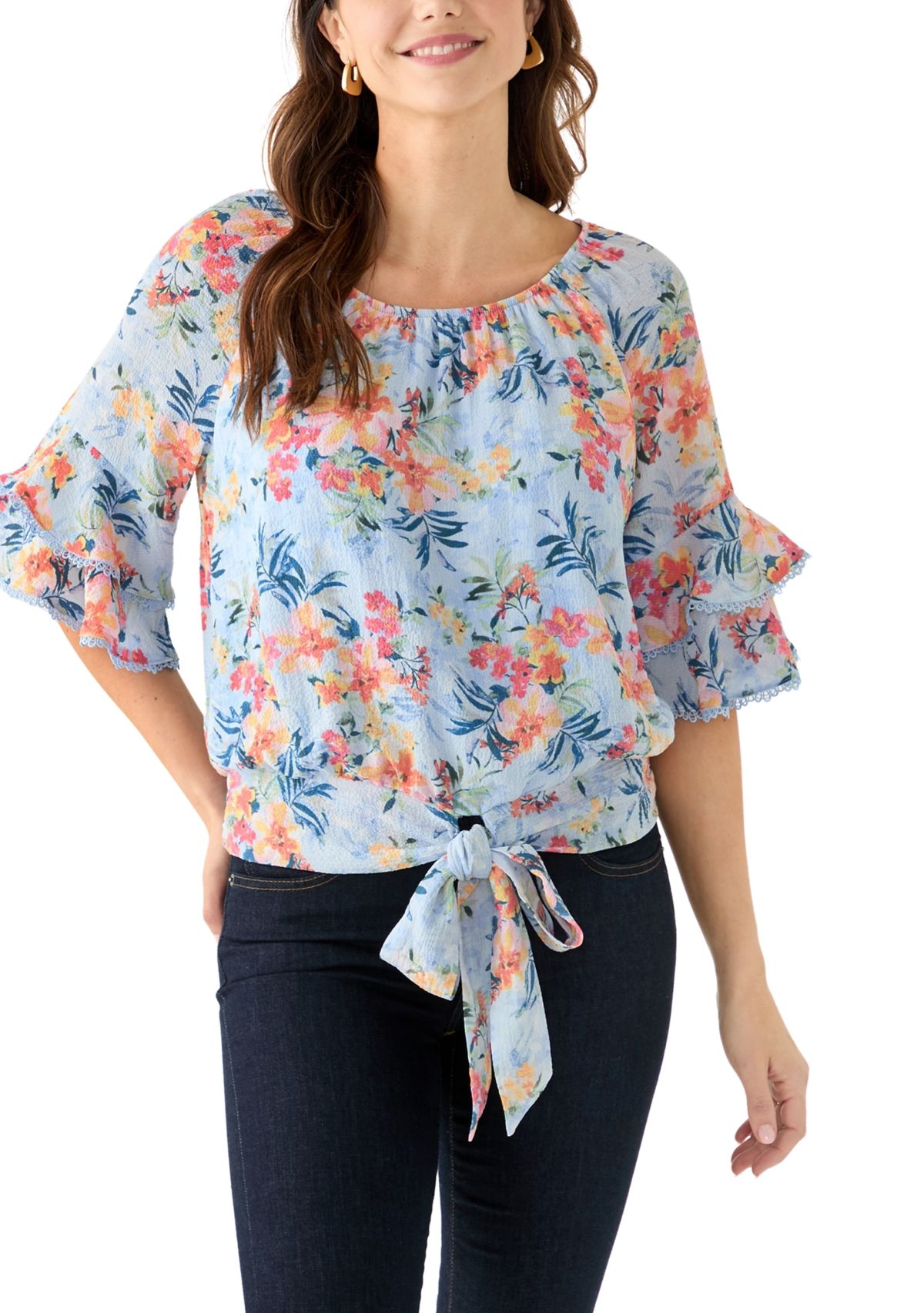 Womens Printed Elbow Flutter Sleeve Blouse