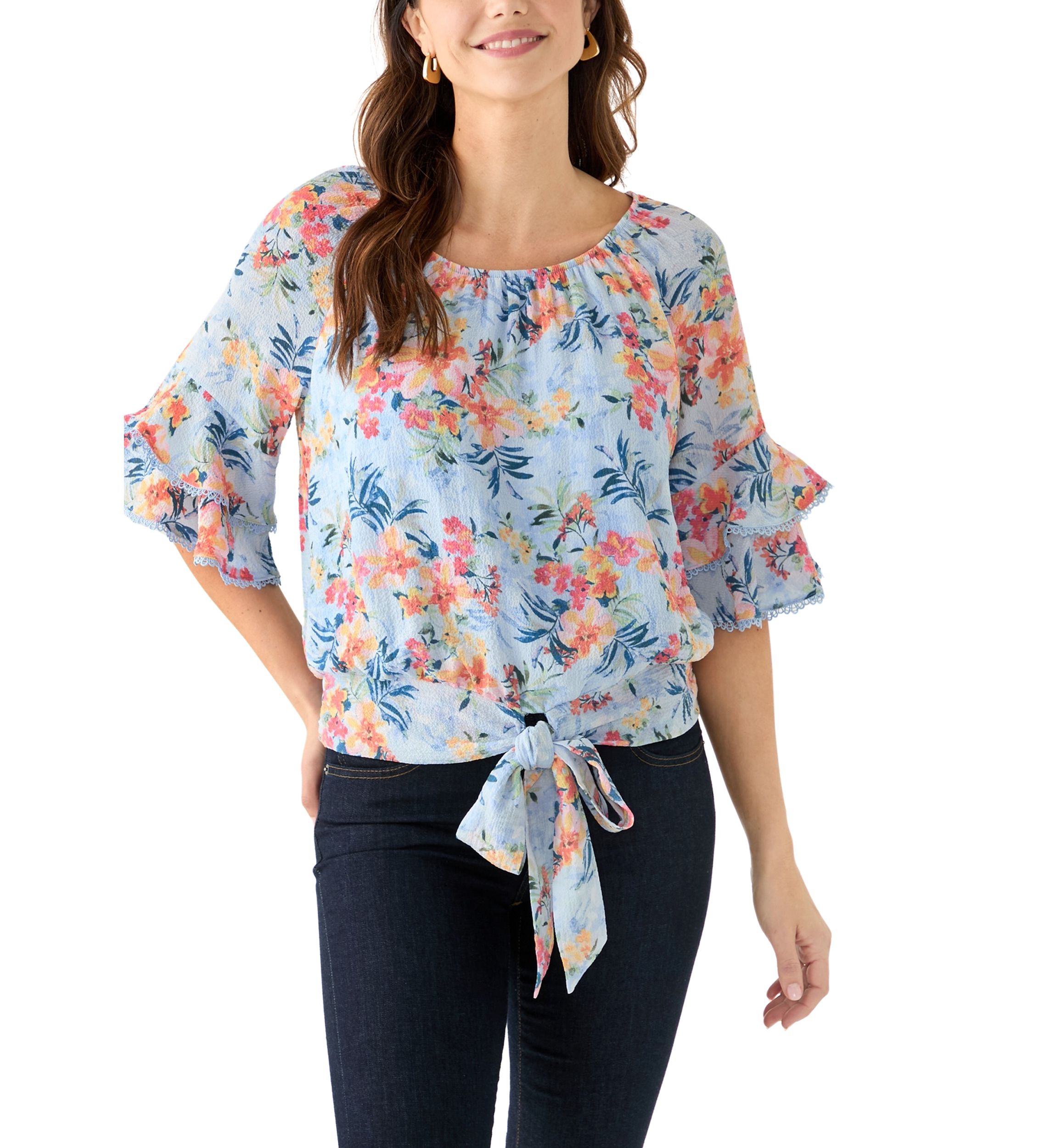 Womens Printed Elbow Flutter Sleeve Blouse