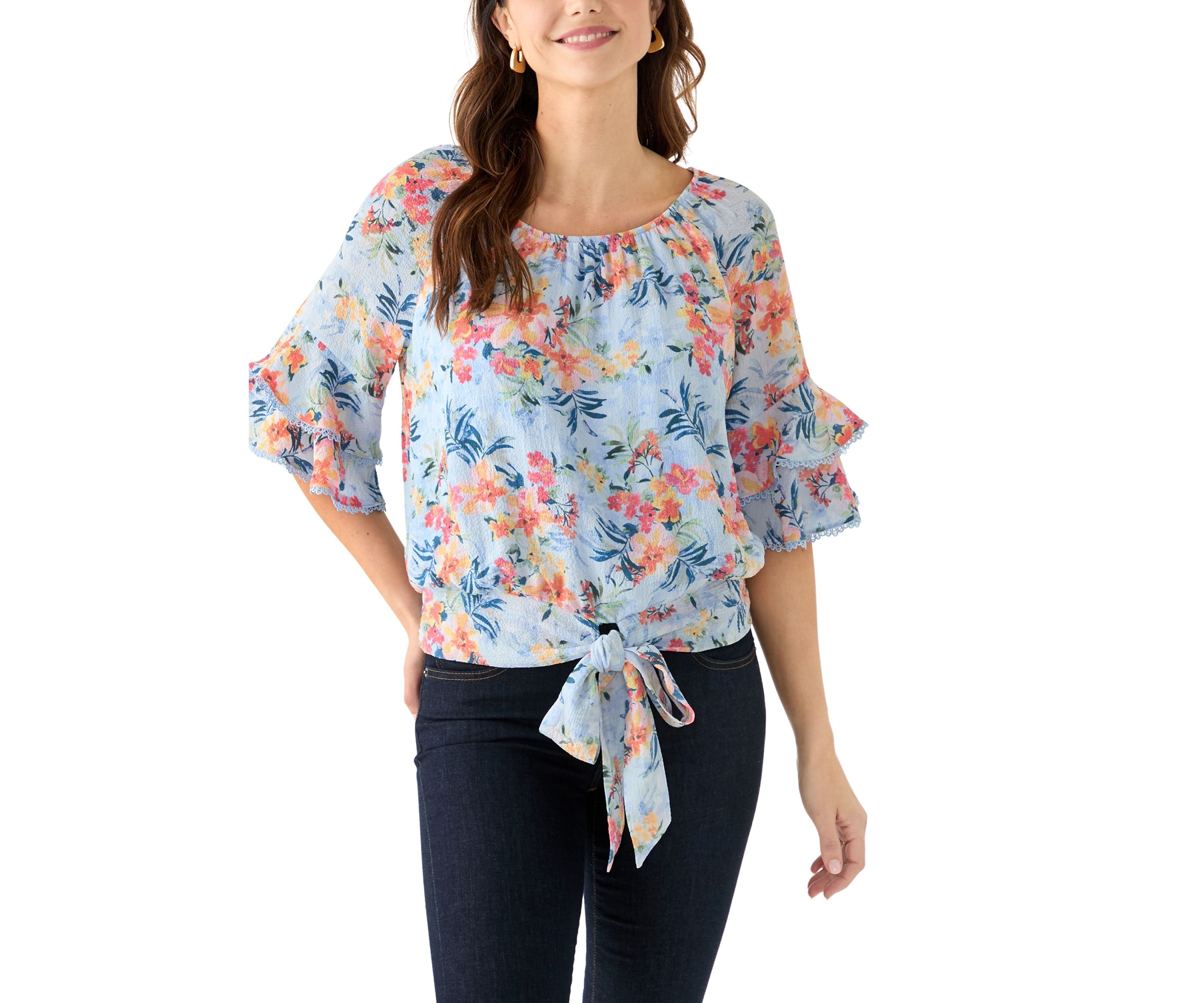 Womens Printed Elbow Flutter Sleeve Blouse