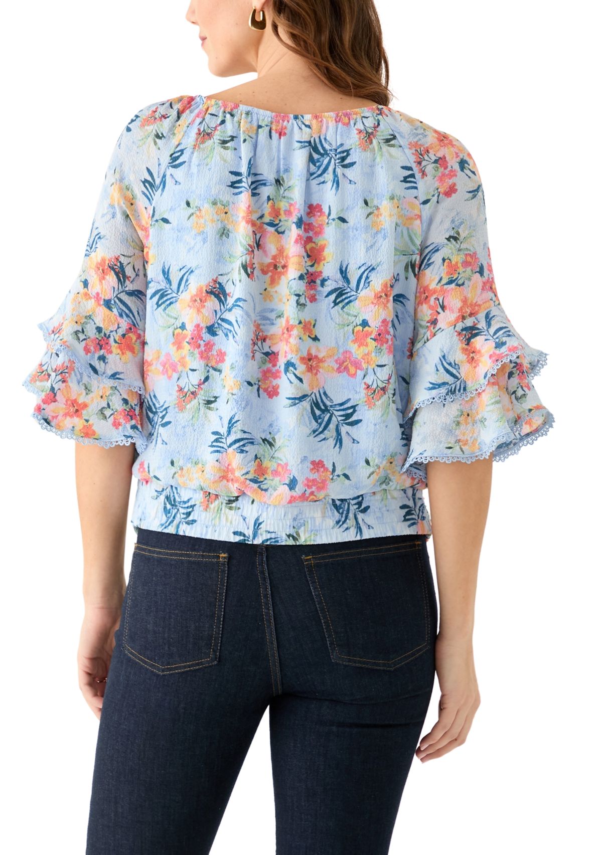 Womens Printed Elbow Flutter Sleeve Blouse