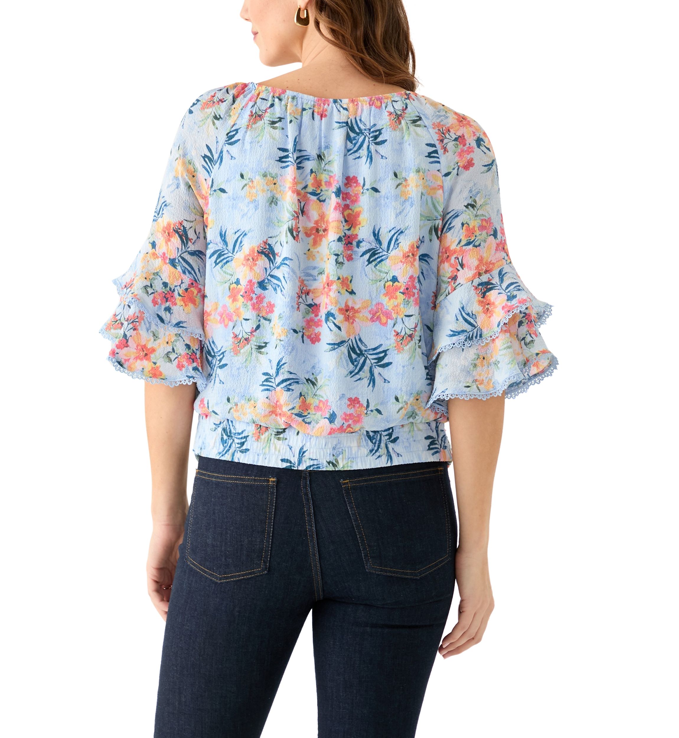 Womens Printed Elbow Flutter Sleeve Blouse