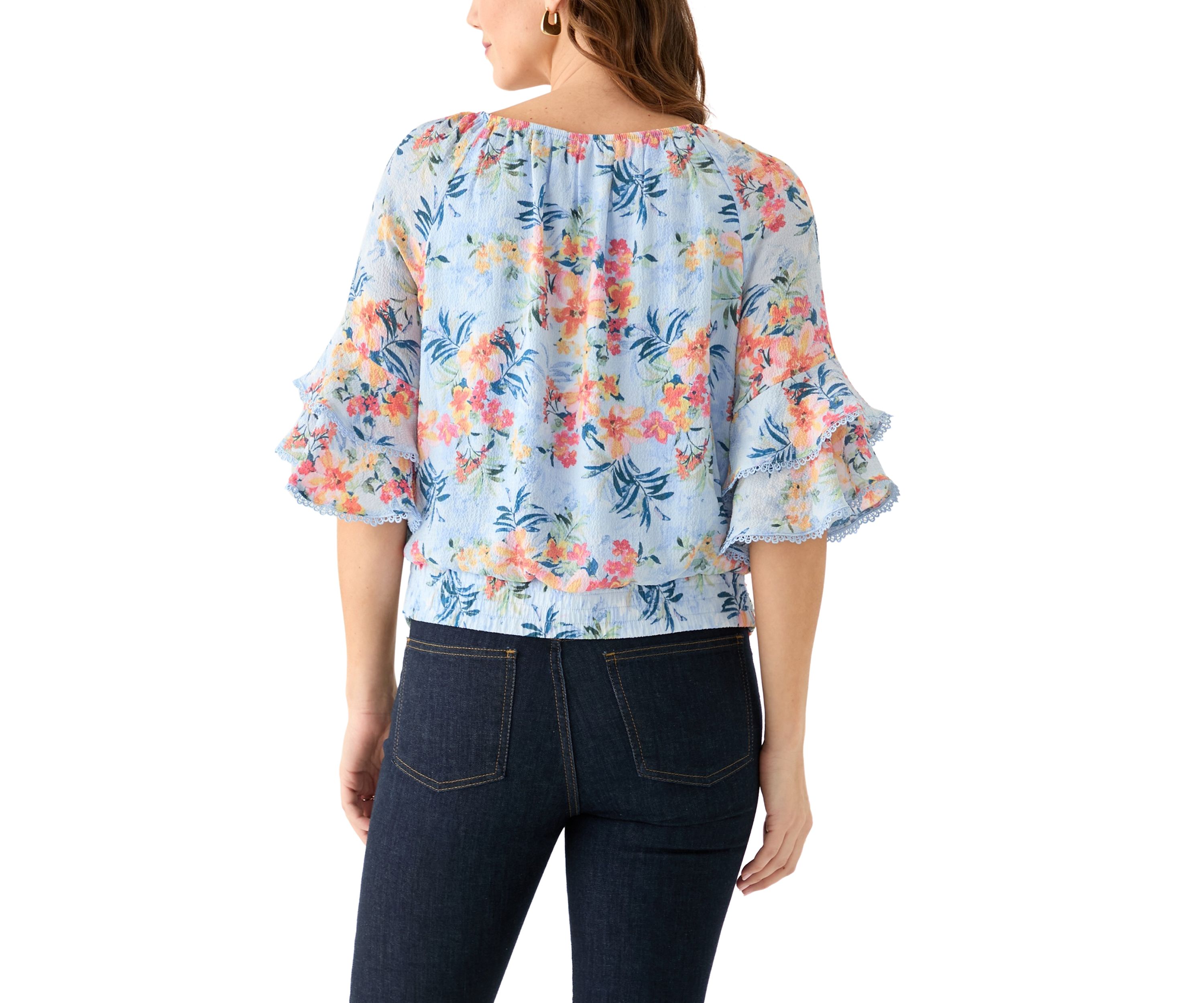 Womens Printed Elbow Flutter Sleeve Blouse