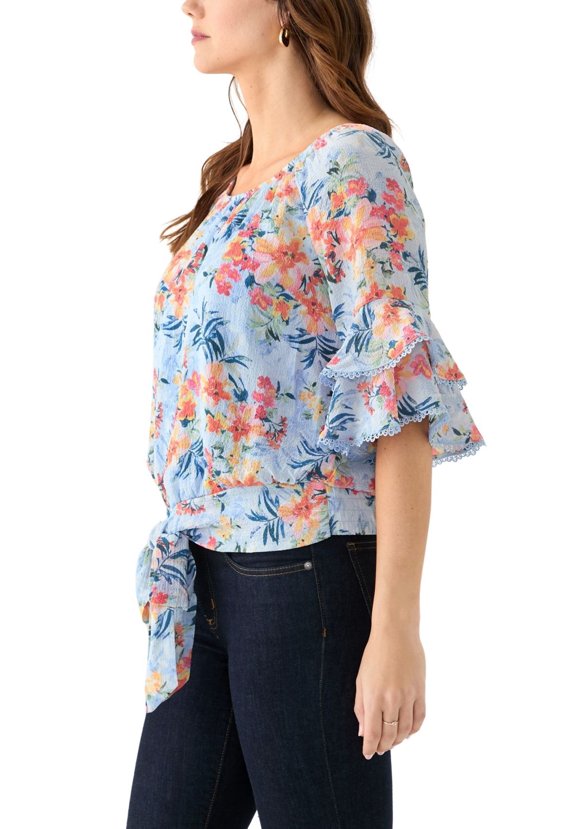 Womens Printed Elbow Flutter Sleeve Blouse