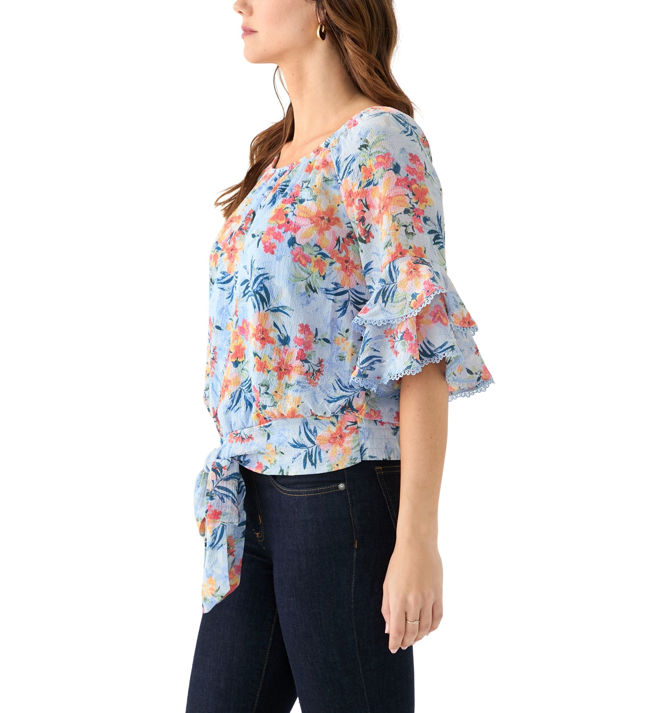 Womens Printed Elbow Flutter Sleeve Blouse