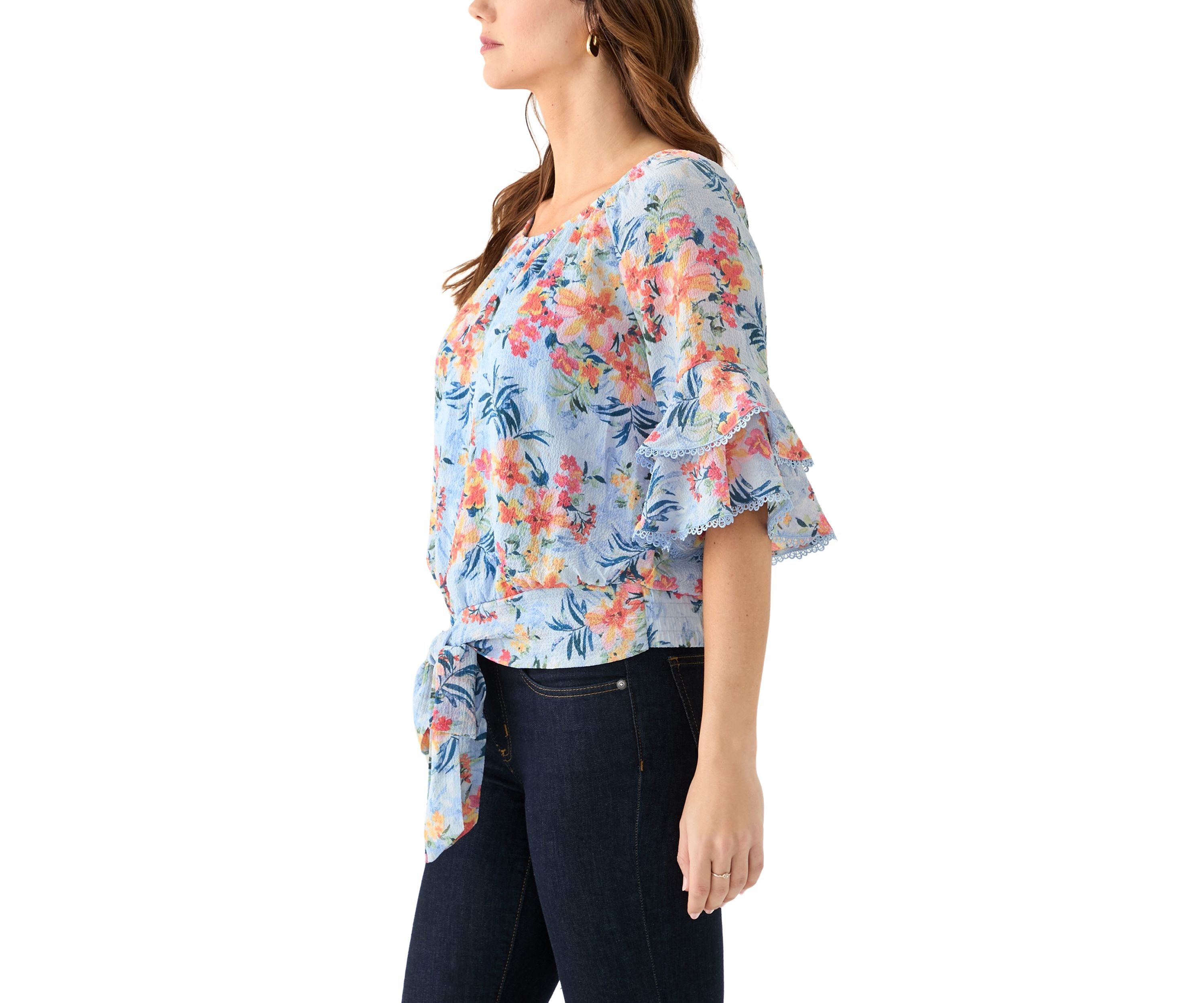 Womens Printed Elbow Flutter Sleeve Blouse