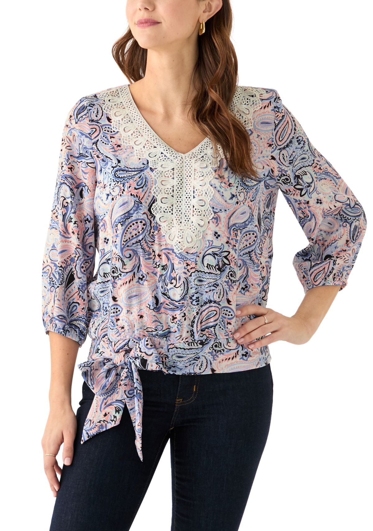 Womens 3/4 Printed Crochet Blouse