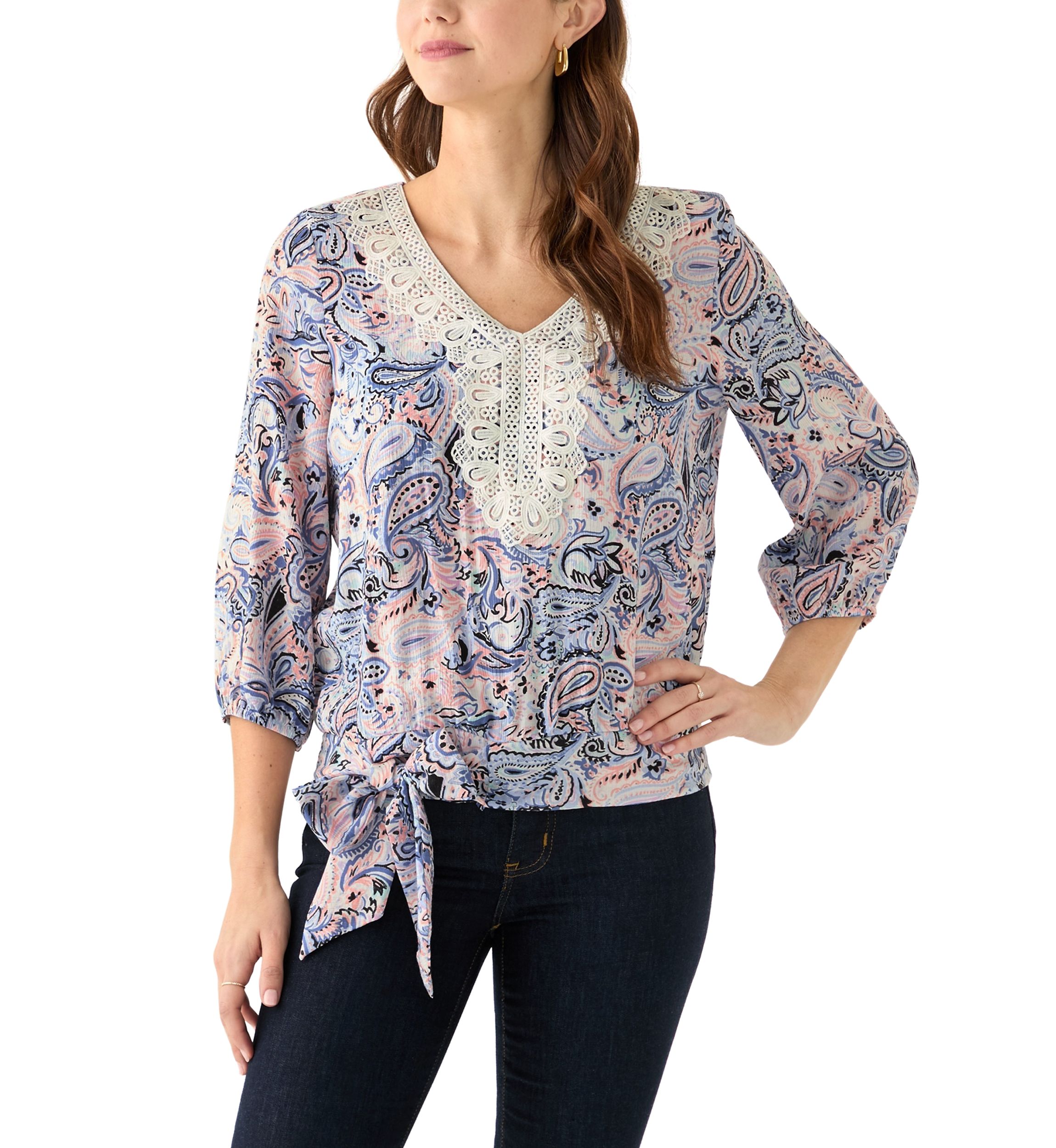 Womens 3/4 Printed Crochet Blouse