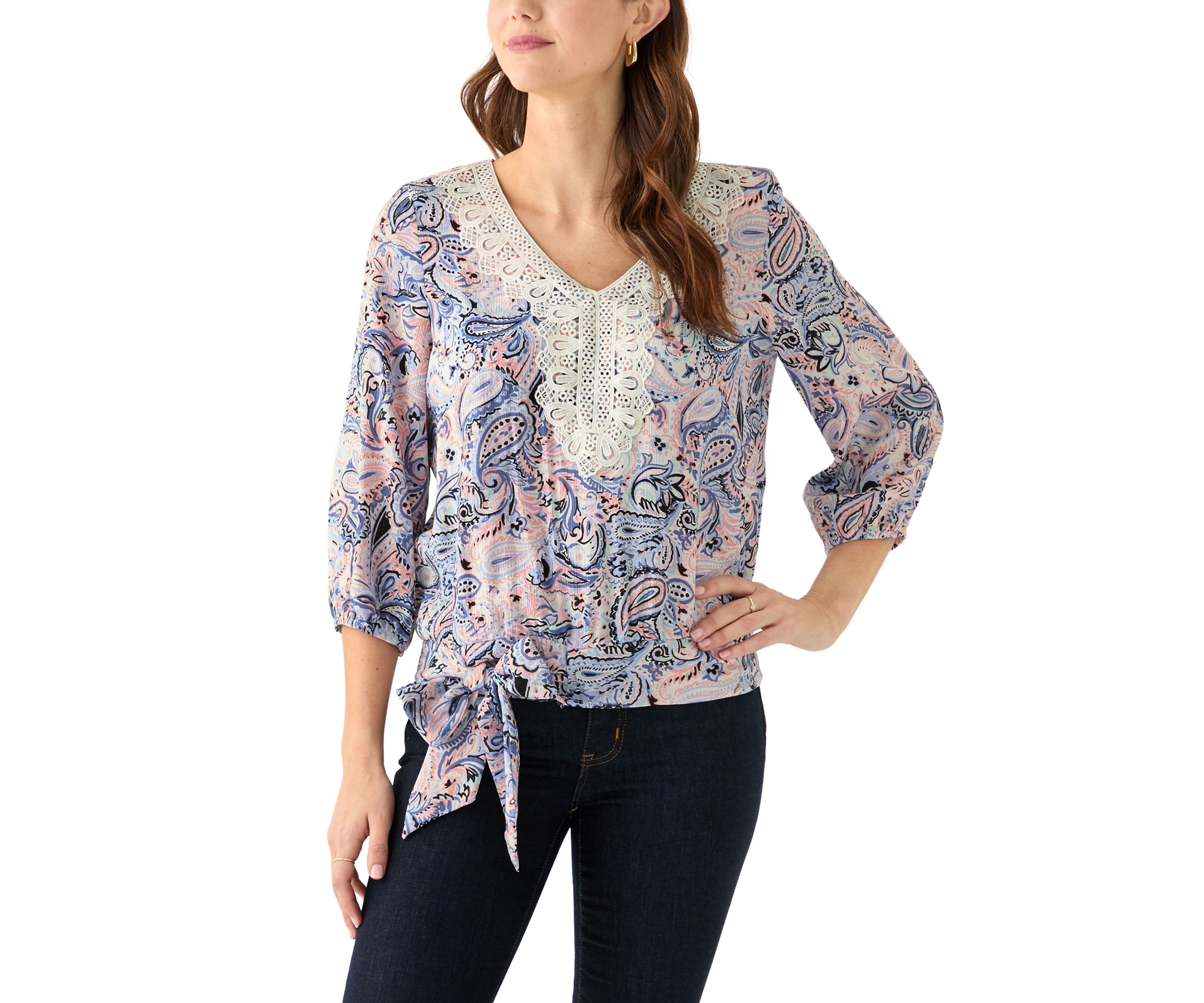 Womens 3/4 Printed Crochet Blouse