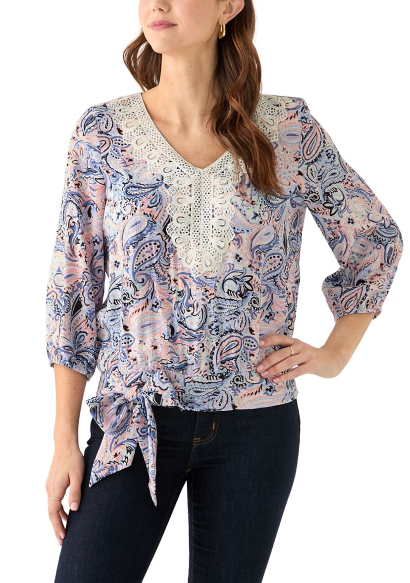 Womens 3/4 Printed Crochet Blouse