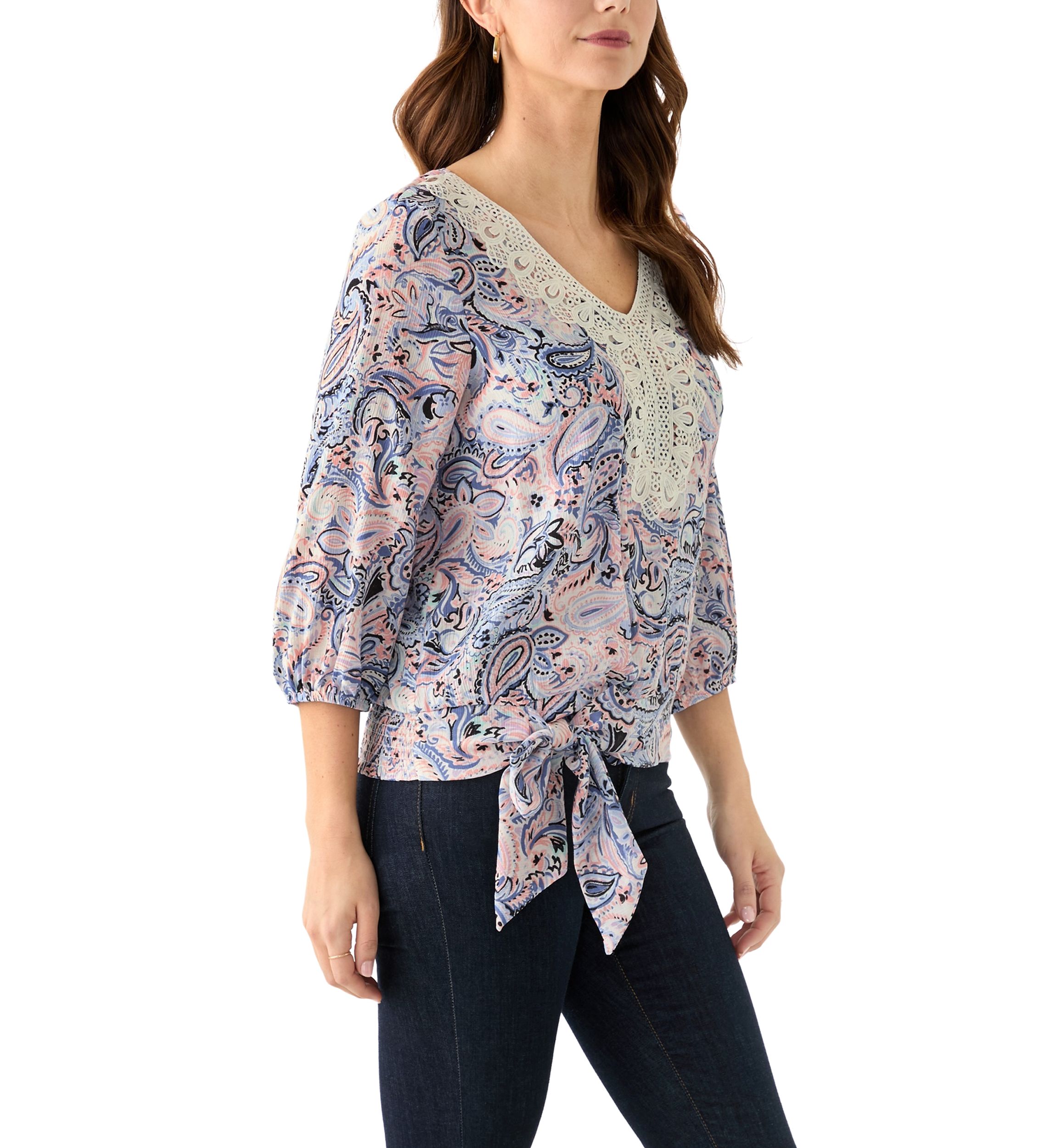 Womens 3/4 Printed Crochet Blouse