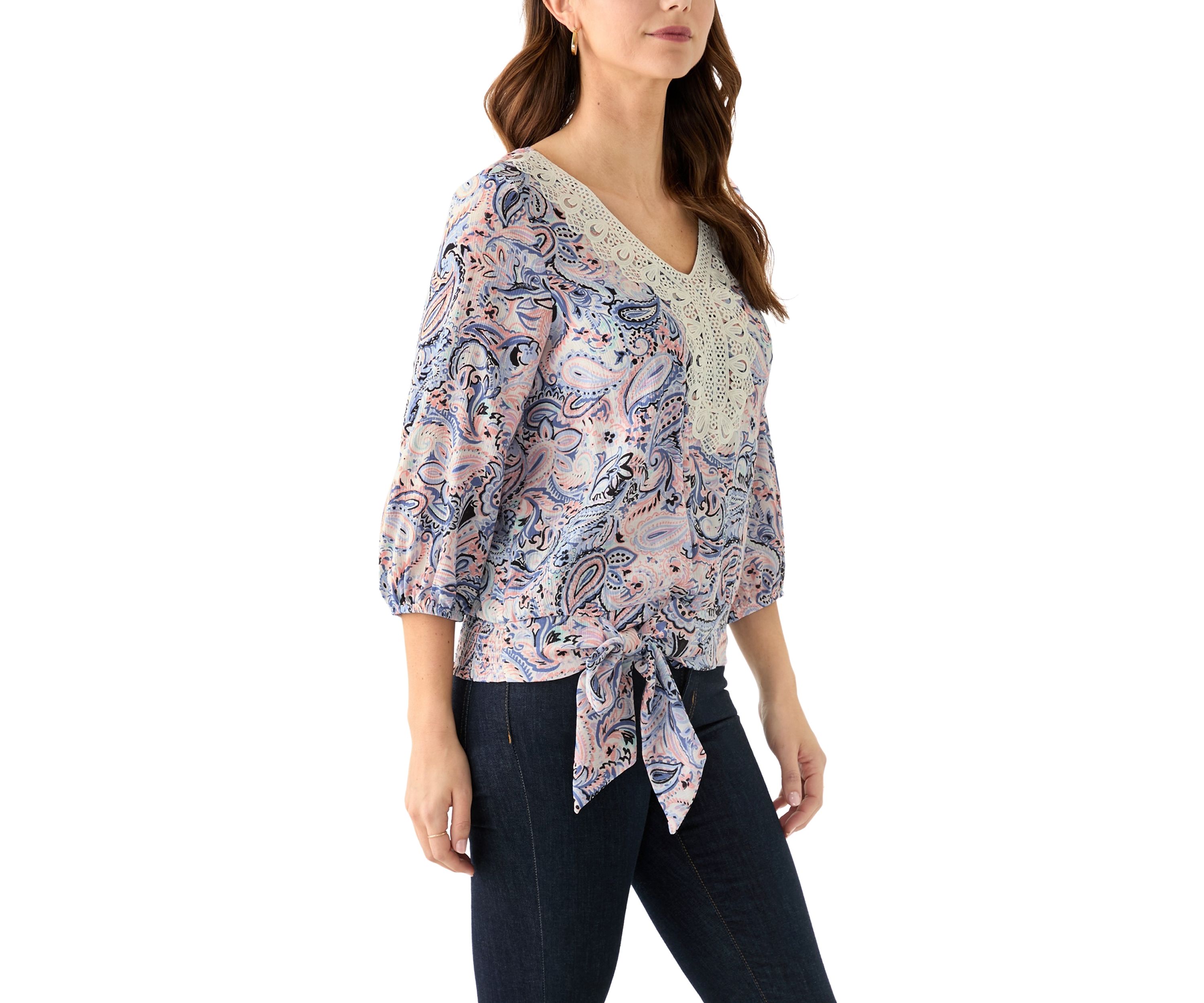 Womens 3/4 Printed Crochet Blouse