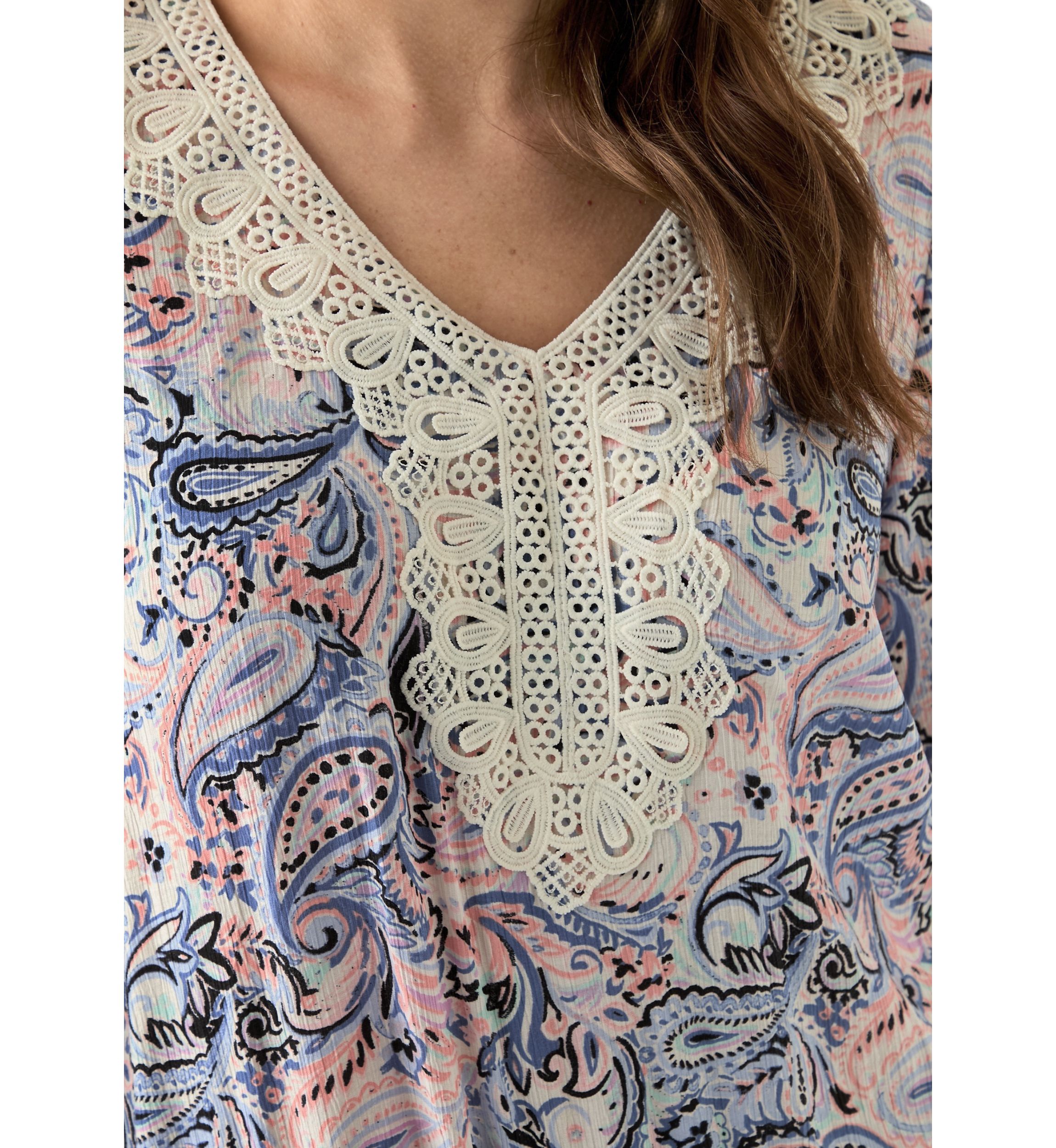 Womens 3/4 Printed Crochet Blouse