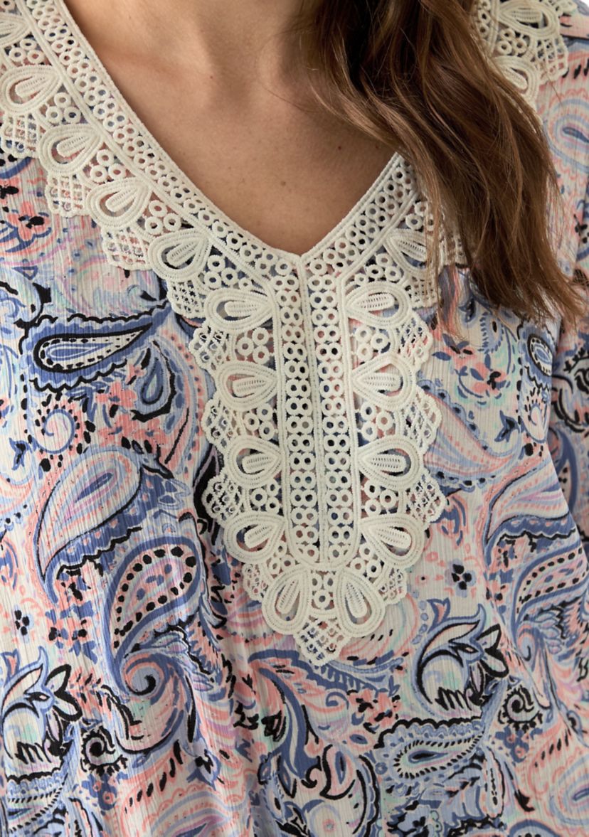 Womens 3/4 Printed Crochet Blouse