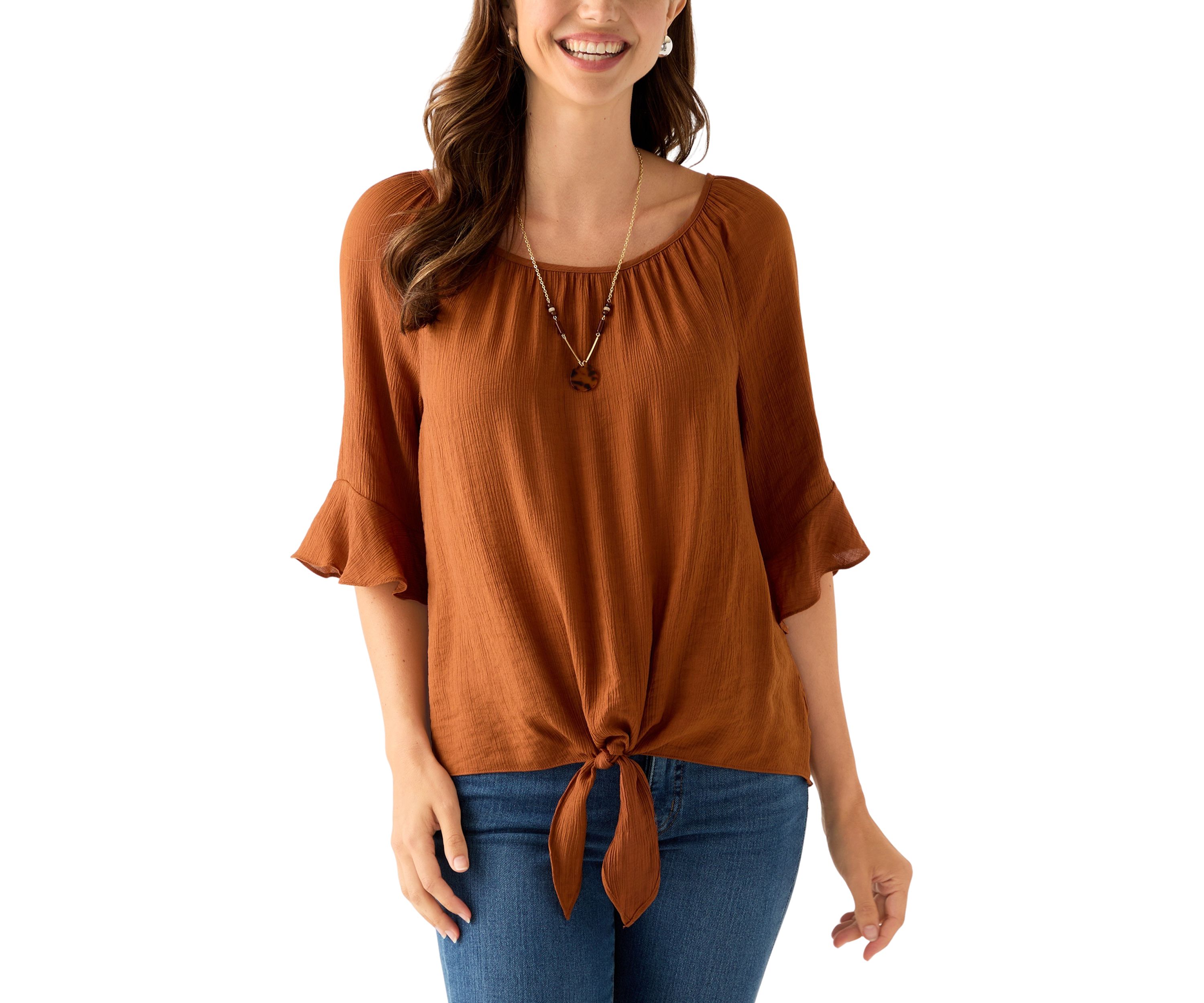 Womens Raglan Sleeve Tie-Front Top