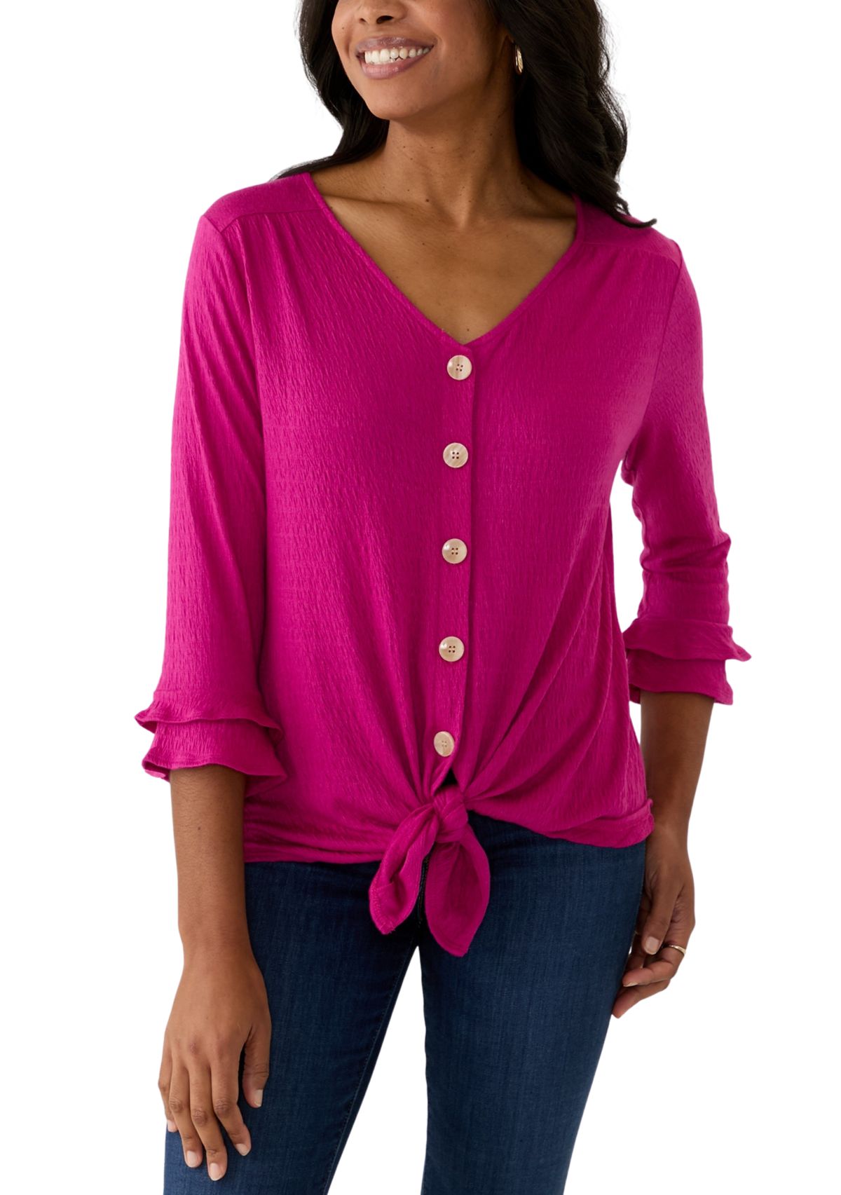 Womens 3/4 Sleeve Tie Hem Knit Blouse