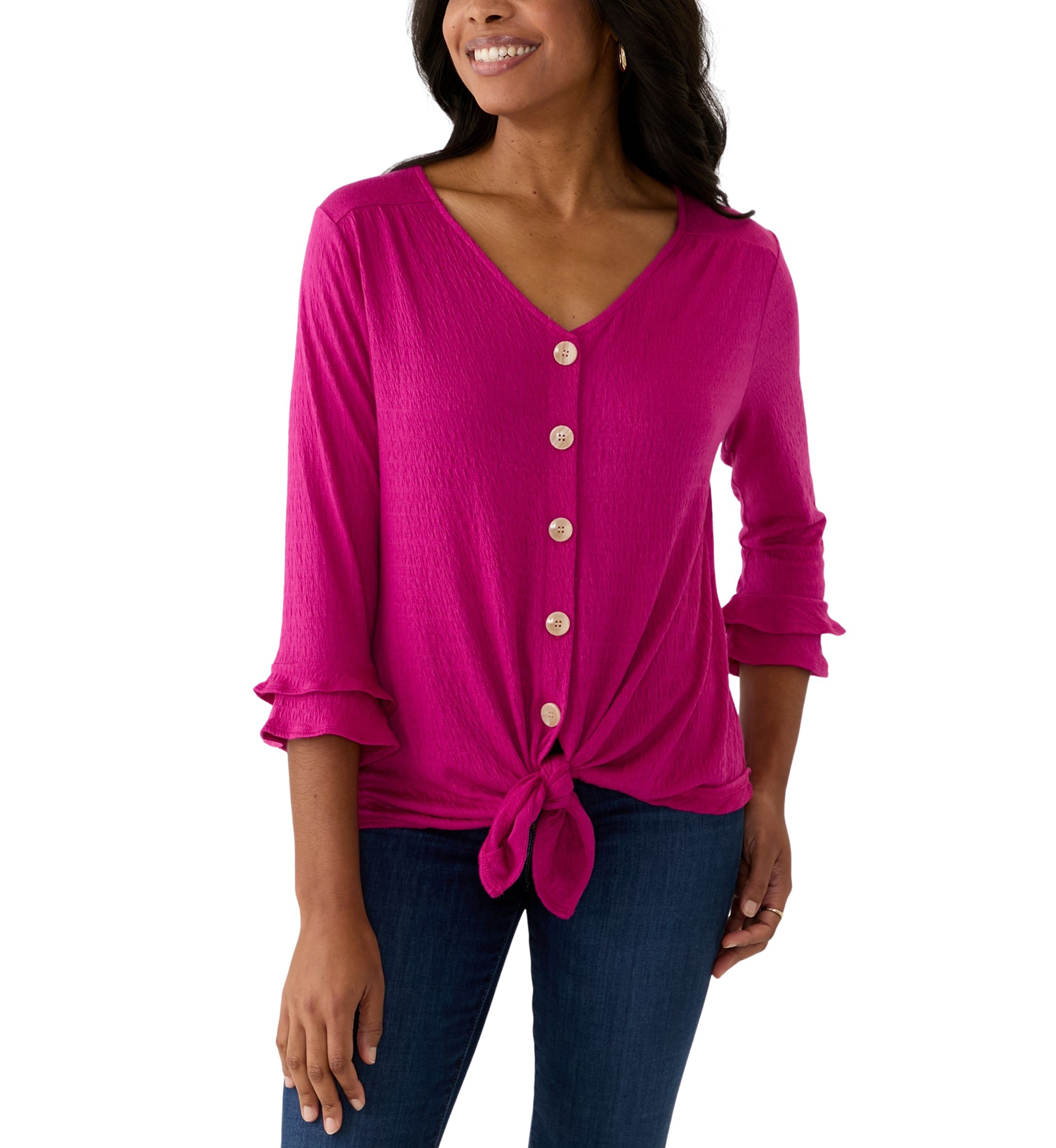 Womens 3/4 Sleeve Tie Hem Knit Blouse