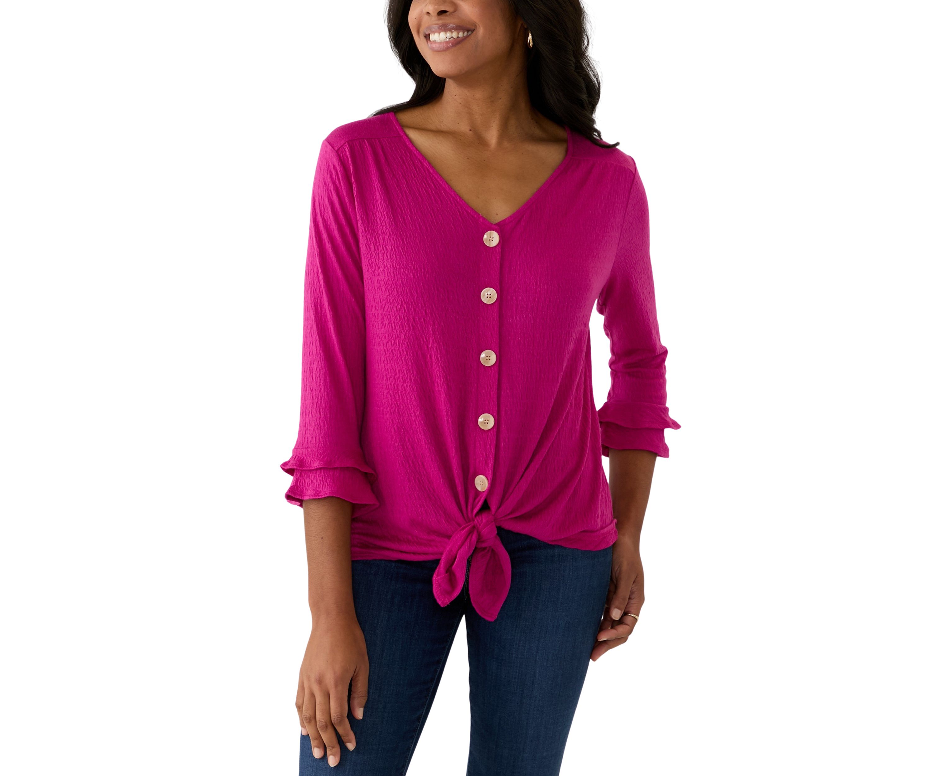 Womens 3/4 Sleeve Tie Hem Knit Blouse