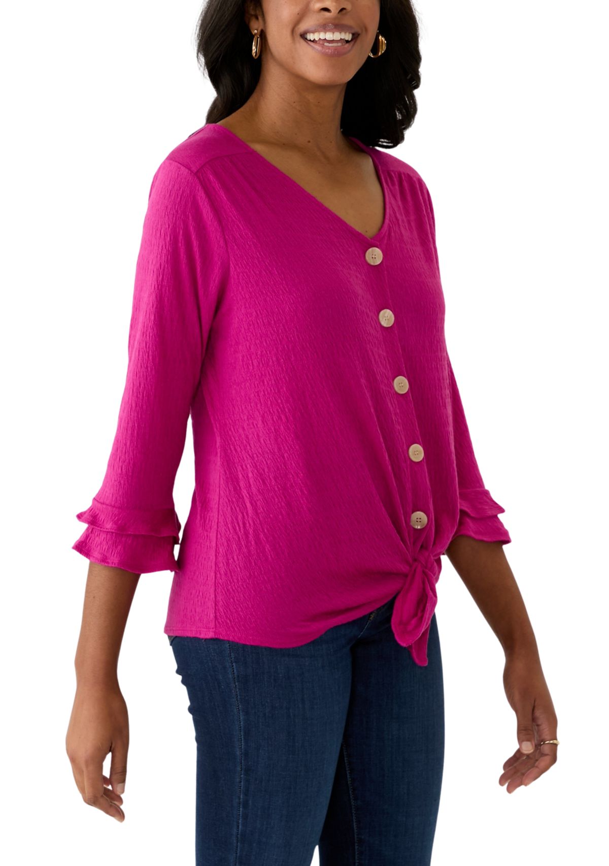 Womens 3/4 Sleeve Tie Hem Knit Blouse