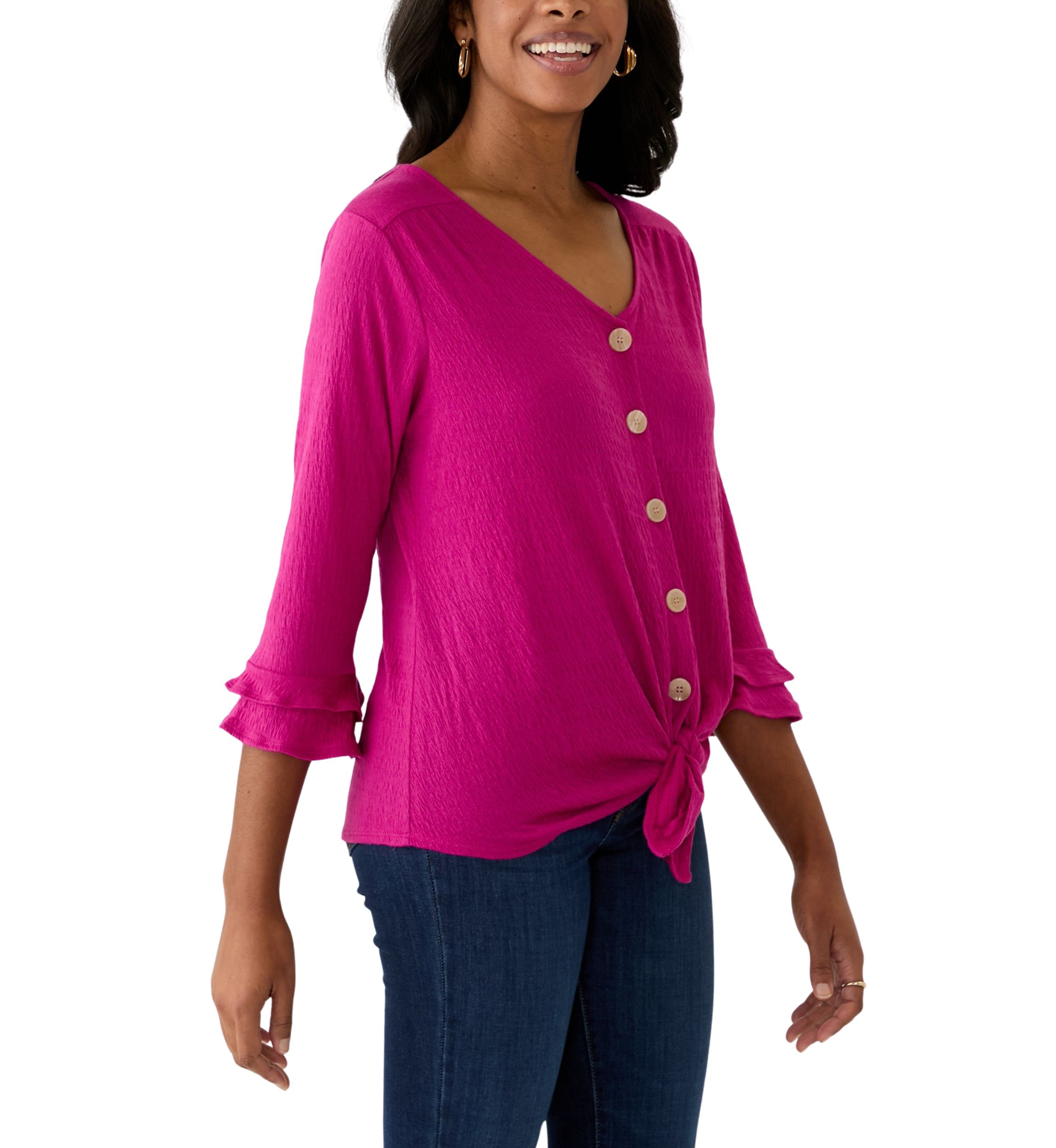 Womens 3/4 Sleeve Tie Hem Knit Blouse