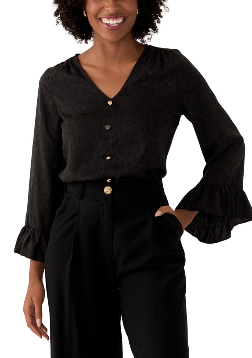 Womens Long Sleeve Satin Jacquard Blouse