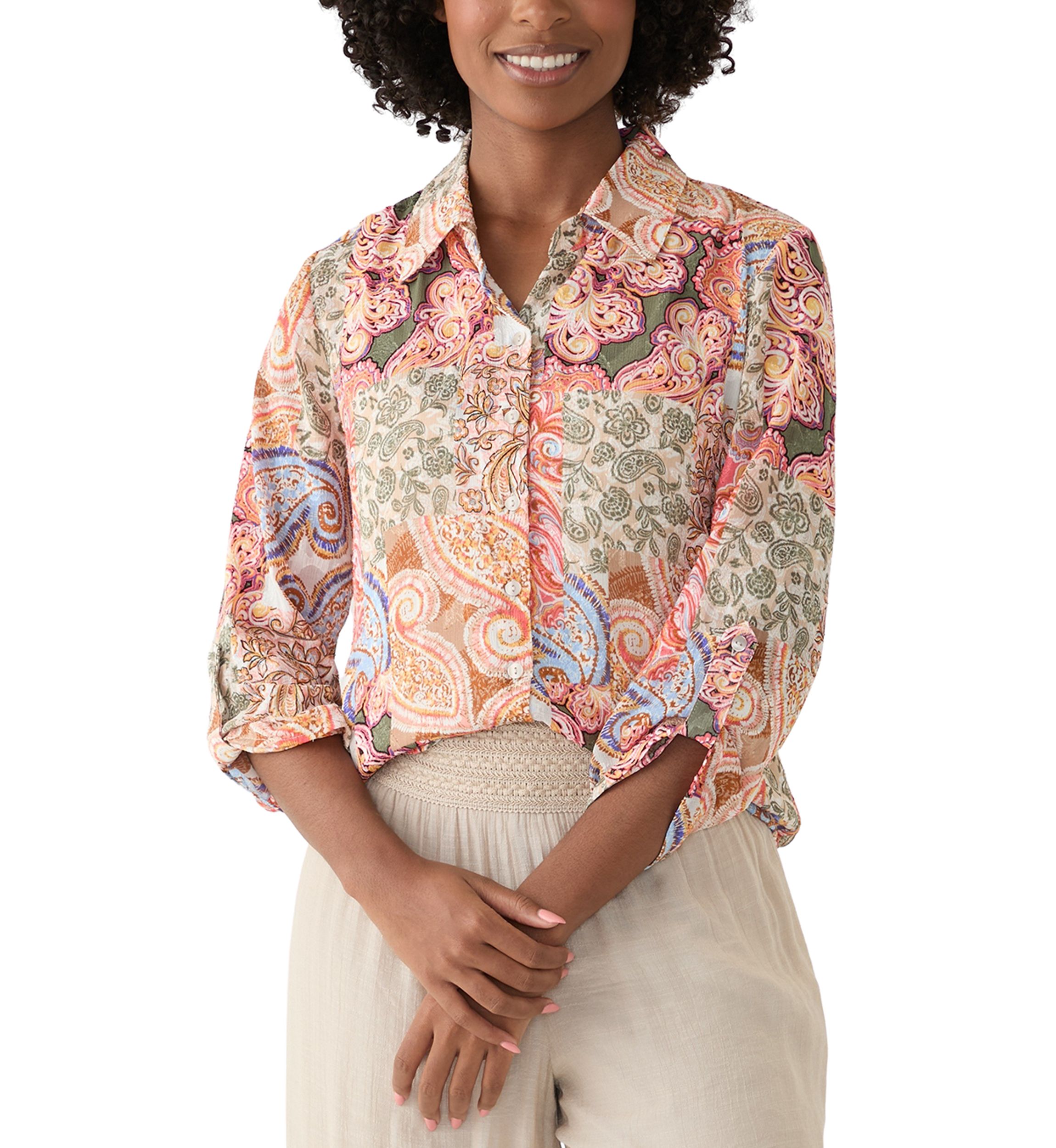 Womens Long Sleeve Printed Button Down Shirt