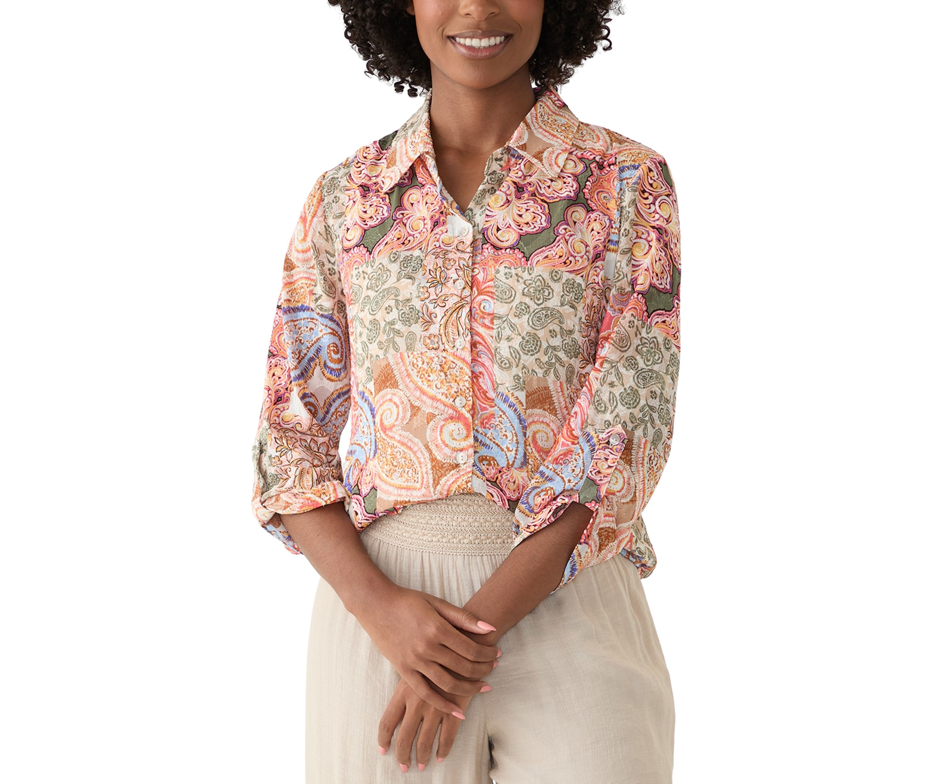 Womens Long Sleeve Printed Button Down Shirt